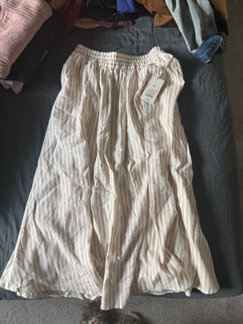 Light Beige Striped Maxi Skirt - Casual Elastic Waist